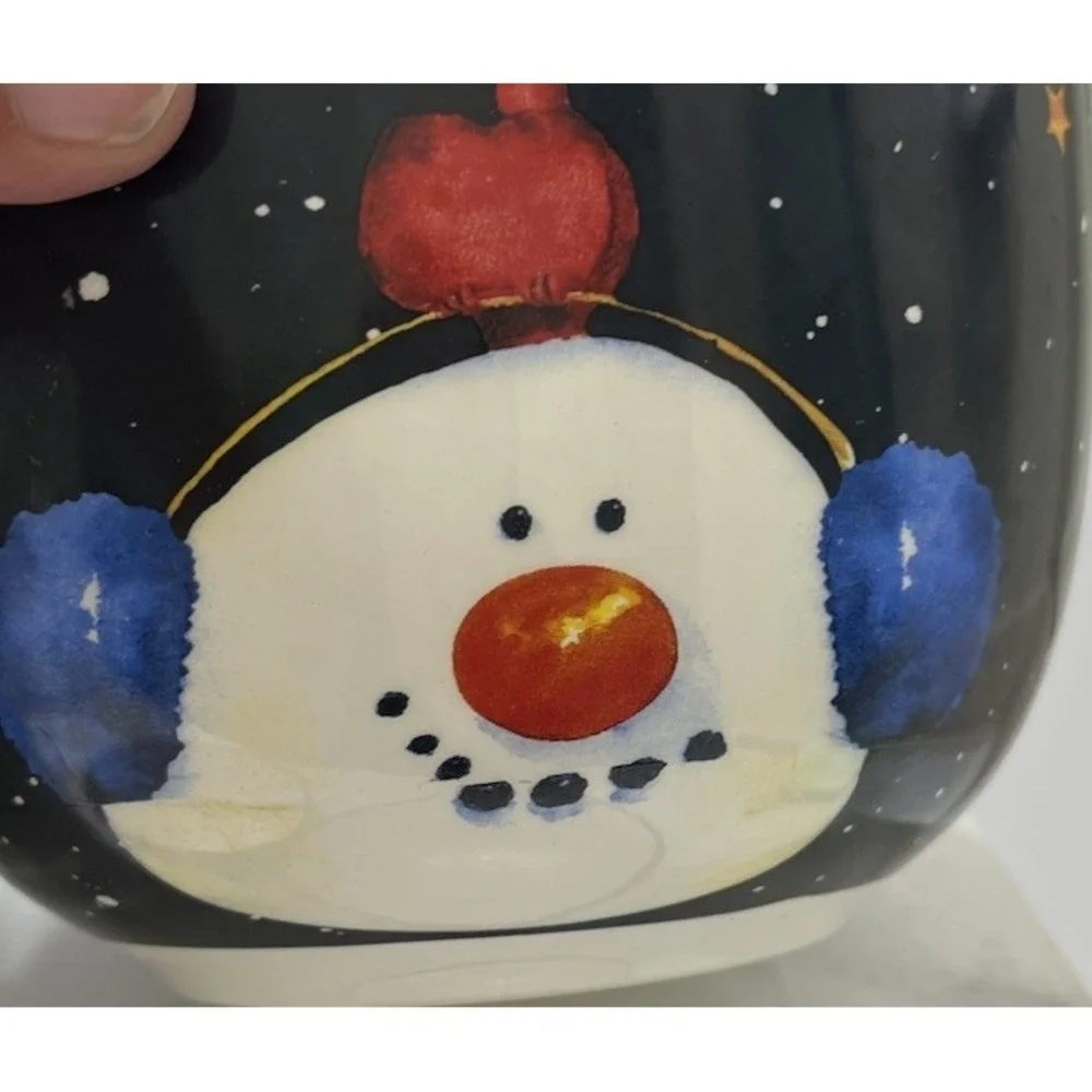 Christmas Snowman Bowls Ceramic Set Of 4 Black Background Multicolor 3.75x5.5